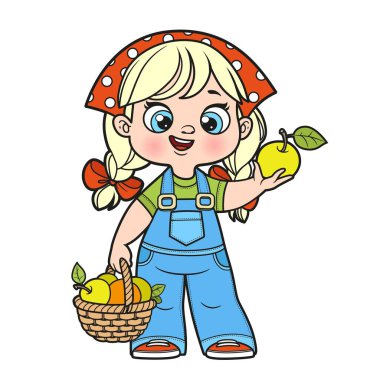 Beyaz arka plandaki boyama sayfası için elinde elma ve bir sepet elmanın el renginde varyasyonu olan sevimli çizgi film kızı.