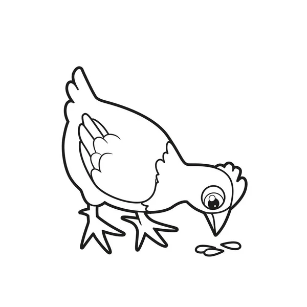 Cute Cartoon Young Hen Pecks Grains Outlined Coloring Page White — Stock Vector