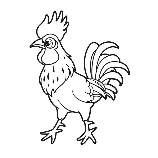 Cute Cartoon Rooster Looks Ahead Outlined Coloring Book White Background — Stock Vector