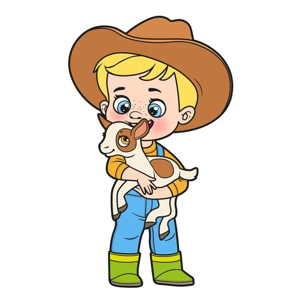 Bonito Menino Dos Desenhos Animados Chapéu Cowboy Detém Pequeno Bode — Vetor de Stock