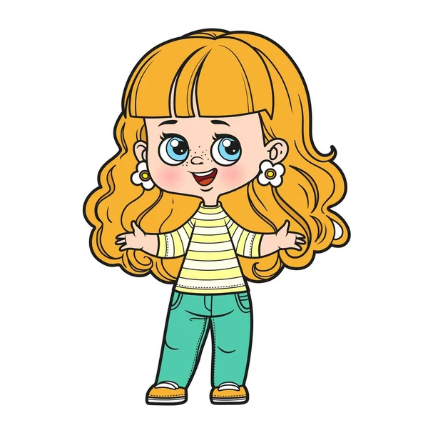 Linda Chica Dibujos Animados Con Pelo Ondulado Para Con Sus — Vector de stock