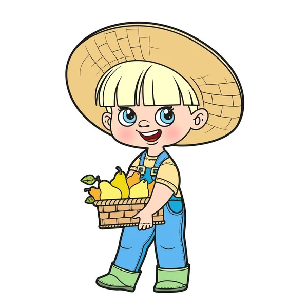 Lindo Niño Dibujos Animados Sosteniendo Una Cesta Peras Variación Color — Vector de stock