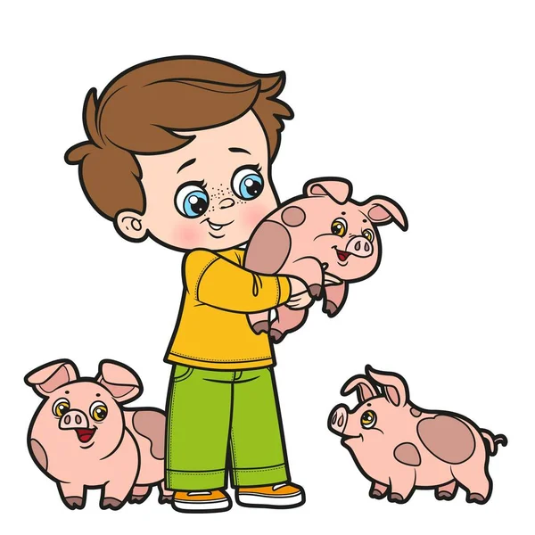 Netter Cartoon Junge Hält Ein Schwein Farbvariante Zum Ausmalen Seite — Stockvektor