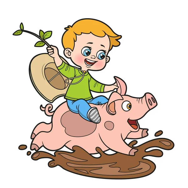 Netter Cartoon Junge Reitet Auf Einem Schwein Durch Die Pfützen — Stockvektor