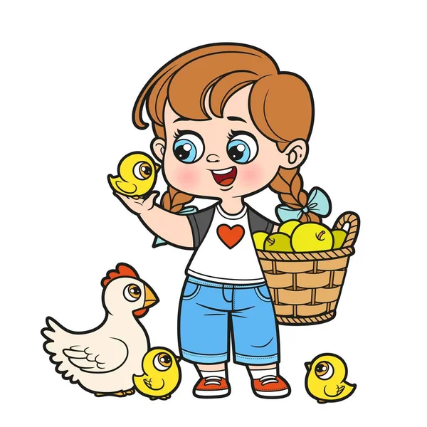 Nettes Cartoon Mädchen Untersucht Das Huhn Und Hält Einen Korb — Stockvektor