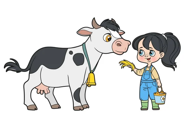 可爱的卡通女孩拿着一桶牛奶喂奶牛用干草的颜色变化白色背景的书 — 图库矢量图片
