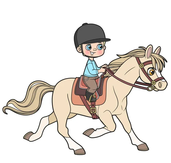 Cute Cartoon Boy Monta Uma Variação Cor Cavalo Para Colorir — Vetor de Stock
