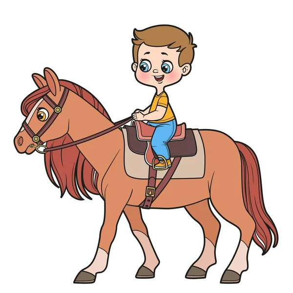 Cute Cartoon Boy Rides Horse While Sitting Saddle Color Variation — Stock Vector