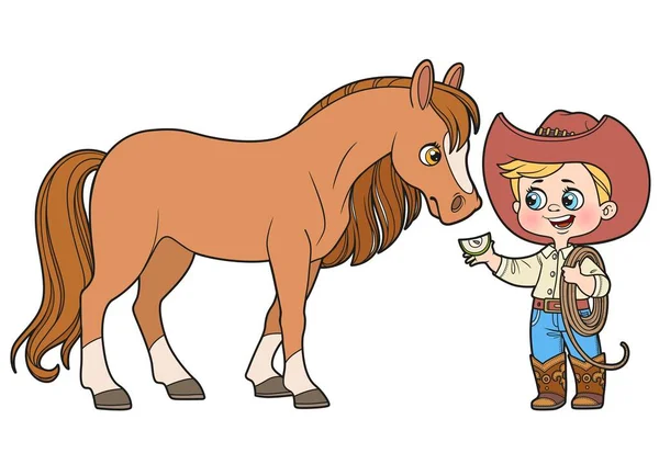头戴套帽的可爱卡通人物牛仔给马喂了一个苹果色的变化 用于白色背景的着色页 — 图库矢量图片