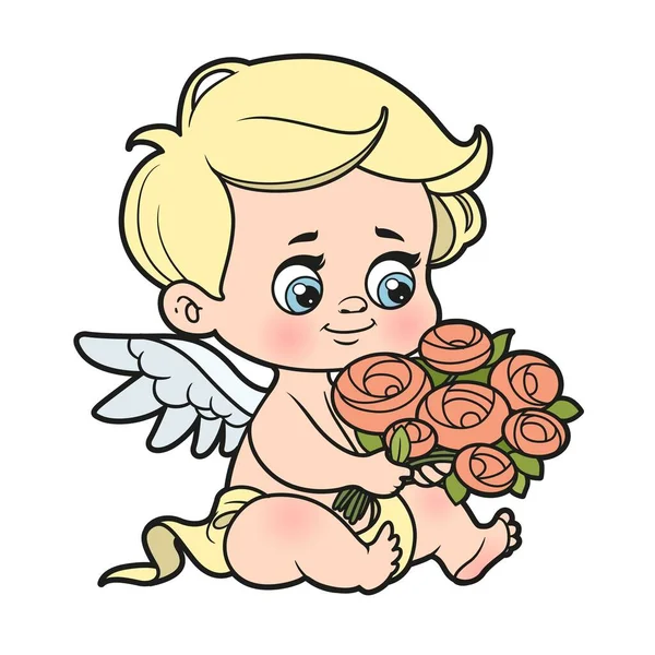 Cupidon Bébé Dessin Animé Mignon Assis Avec Des Roses Variation — Image vectorielle