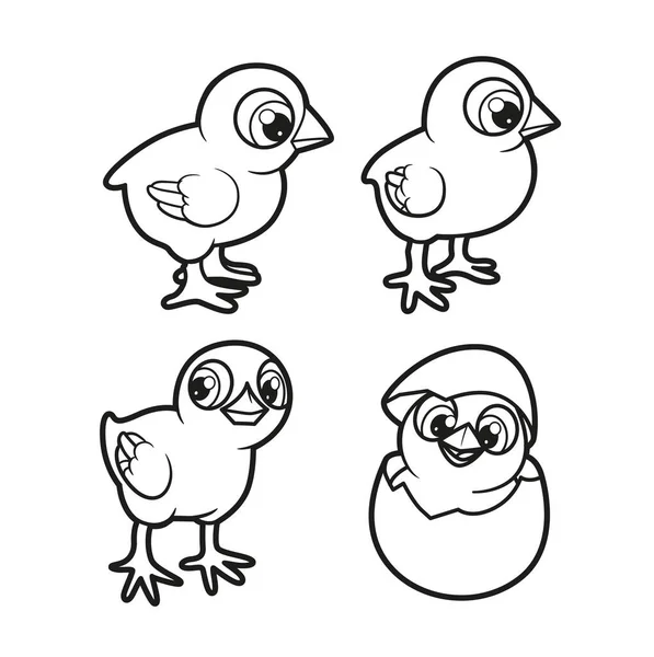 Cute Cartoon Chickens Outlined Coloring Book White Background — Stock Vector