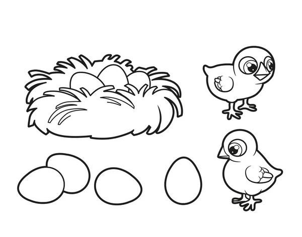 Roztomilé Kreslené Kuřata Hnízdo Vejce Obrys Pro Omalovánky Bílém Pozadí — Stockový vektor
