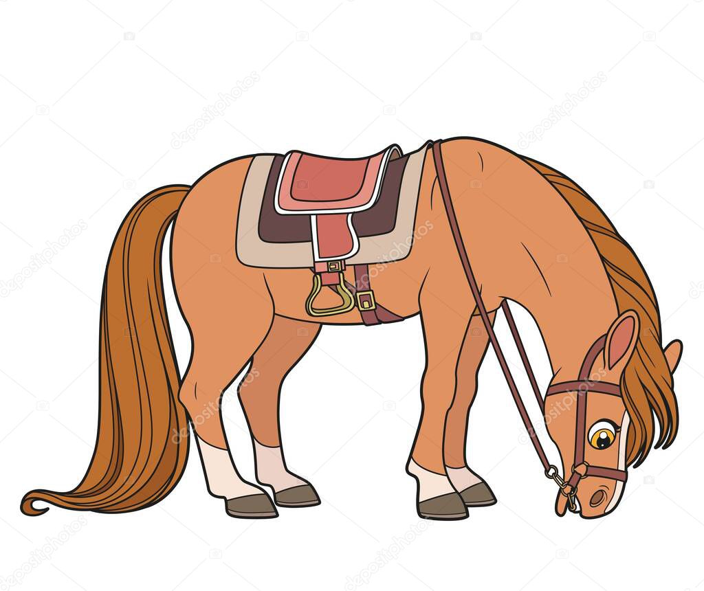 Cute cartoon big horse with a harness nibbling grass color variation isolated on white background
