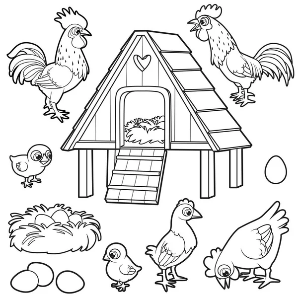 Μεγάλο Σύνολο Των Ορνίθων Κοτέτσι Αυγά Νεοσσών Κόκορες Και Φωλιά — Διανυσματικό Αρχείο