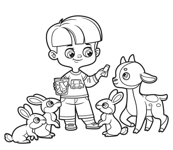 可爱的卡通男孩用胡萝卜片喂兔子和山羊 这些胡萝卜片在白色背景上涂了色 — 图库矢量图片