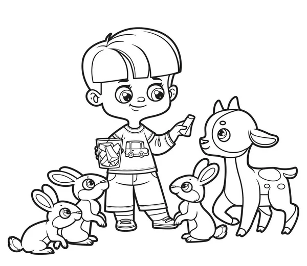 Lindo Niño Dibujos Animados Alimenta Conejos Cabras Con Piezas Zanahoria — Vector de stock