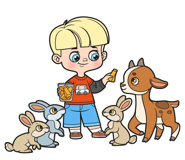 Lindo Niño Dibujos Animados Alimenta Conejos Cabras Con Piezas Zanahoria — Vector de stock