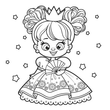 Beyaz bir arkaplanı boyamak için elinde yelpaze olan şirin bir karikatür prensesi.