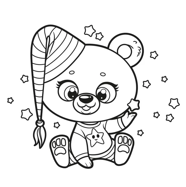 Netter Cartoon Teddybär Mütze Und Schlafanzug Mit Sternen Umrisszeichnung Zum — Stockvektor