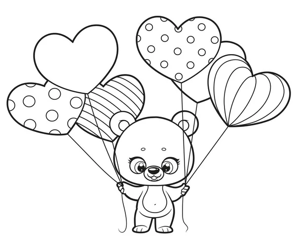 Roztomilý Kreslený Medvídek Drží Srdce Balónky Obrys Kreslení Pro Zbarvení — Stockový vektor