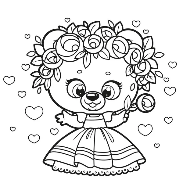 Roztomilý Kreslený Medvídek Princezně Šaty Věnec Růží Obrys Kresba Pro — Stockový vektor