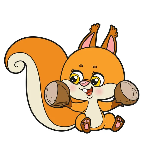 Nettes Cartoon Eichhörnchen Sitzt Und Hält Nüsse Seinen Pfoten Farbvariante — Stockvektor