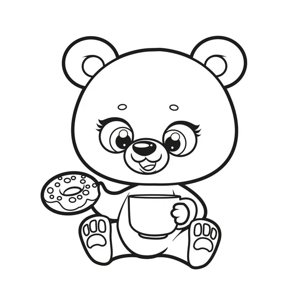 Cute Cartoon Little Teddy Bear Holding Big Cup Donut Outline — Stock Vector