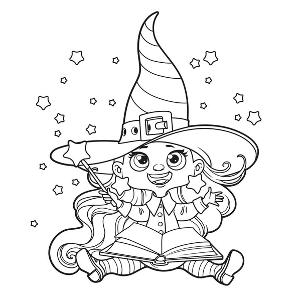 Cute Cartoon Witch Sit Floor Magic Wand Outlined Coloring Page — Stock Vector