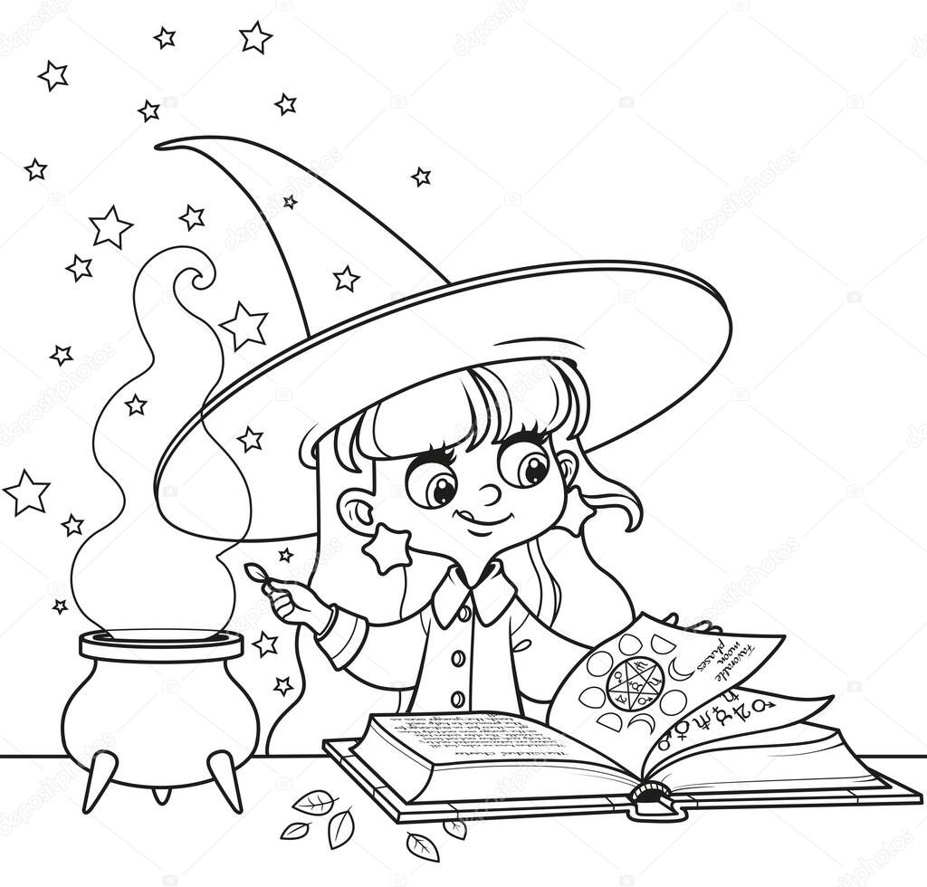 Cute witch girl brews a potion in large cast iron cauldron outlined for coloring on white background