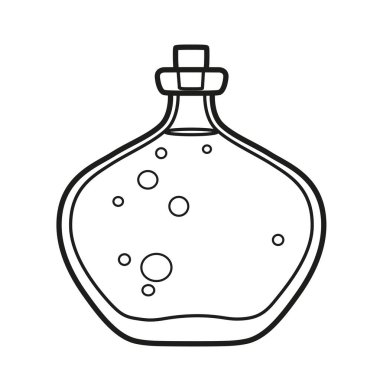 Beyaz arka planda boyama sayfası için özetlenmiş büyük bir şişedeki simya malzemesi.