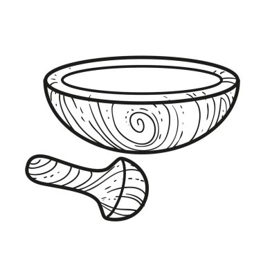 Beyaz arkaplanda renklendirme sayfası için özetlenmiş ahşap havan ve tokmak