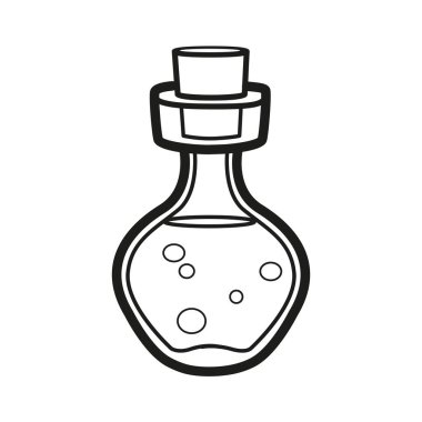 Beyaz arkaplanda boyama sayfası için özetlenmiş sihirli iksirli küçük cam kavanoz.