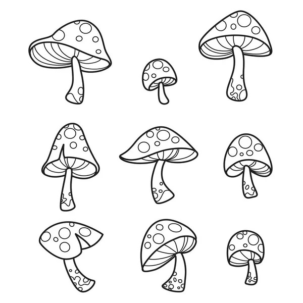 Alchemical Ingredient Amanita Mushrooms Separately Outlined Coloring Page White Background — Stock Vector