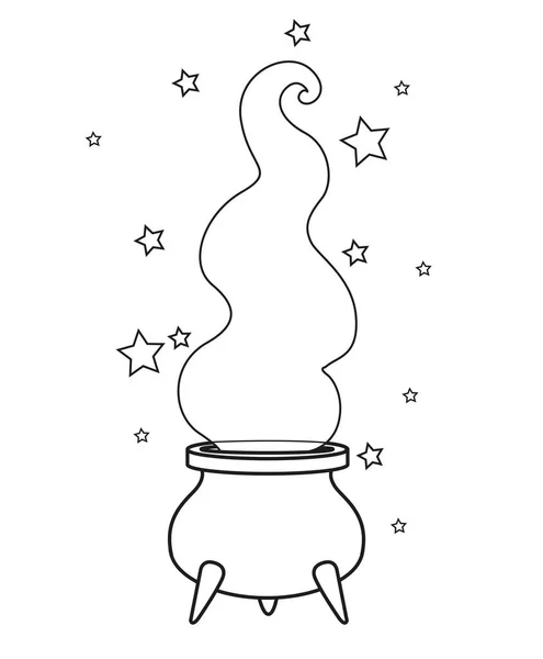 白い背景にページを着色するための概要魔法のポーション蒸気を持つ大魔女の釜 — ストックベクタ