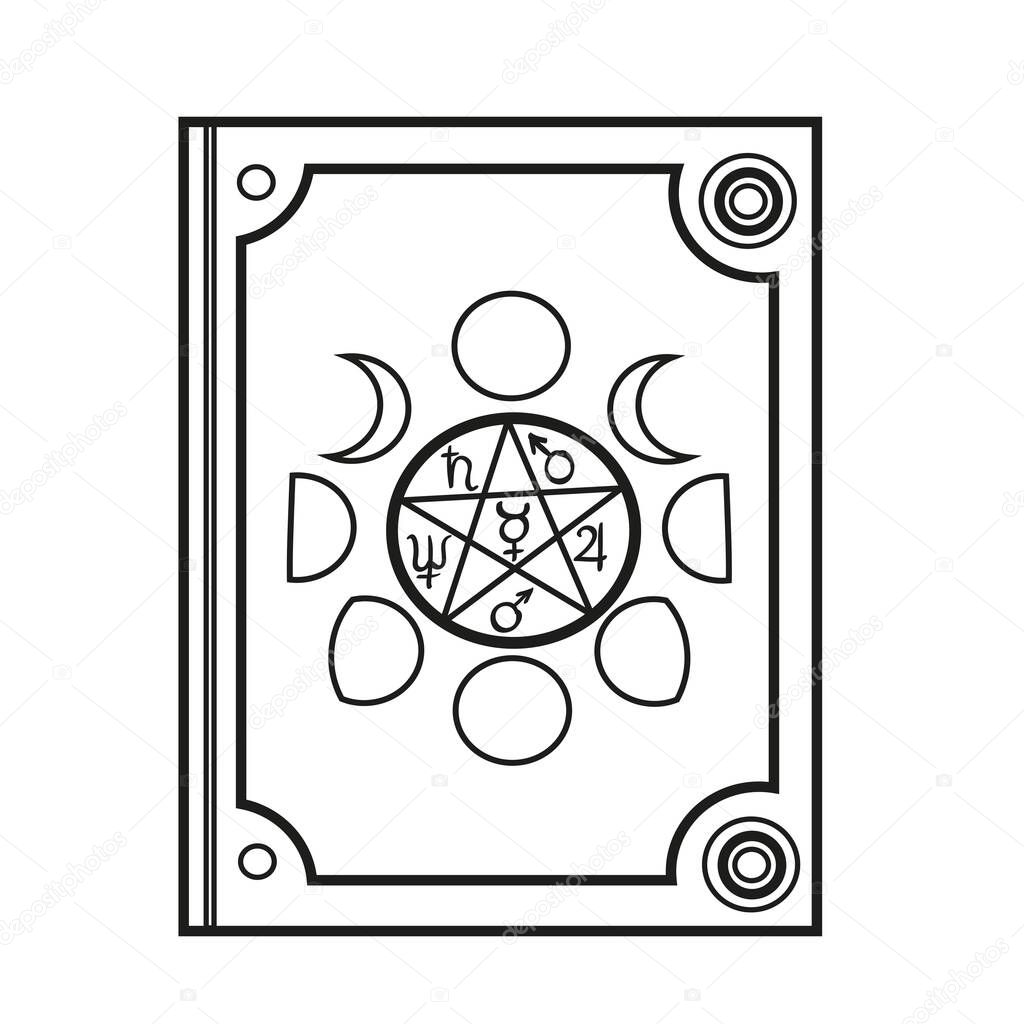 Magic book with forged corners and moon phases on the cover outlined for coloring page on white background