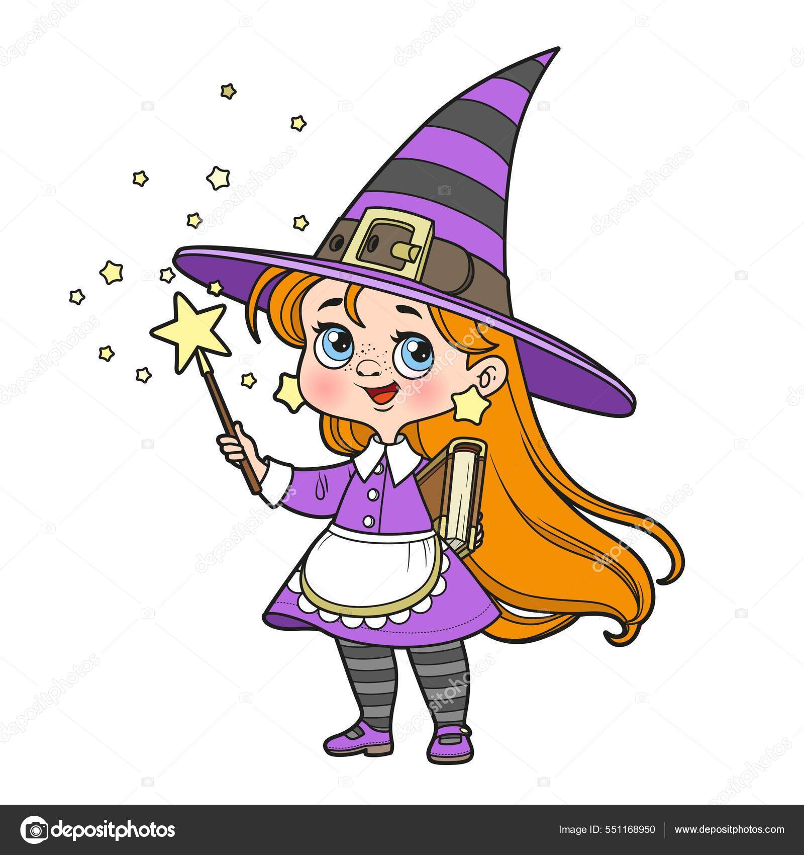 Desenho de bruxa bonita voando em uma vassoura com gato para colorir