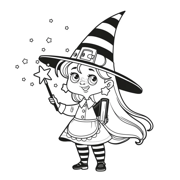 Cute Cartoon Witch Magic Wand Black White White Background — Stock Vector