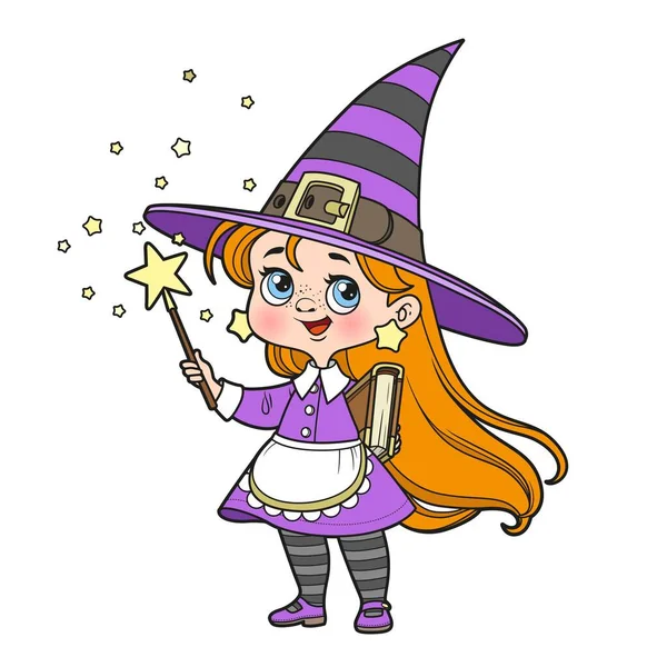 Cute Cartoon Witch Magic Wand Color Variation Coloring Page White — Stock Vector