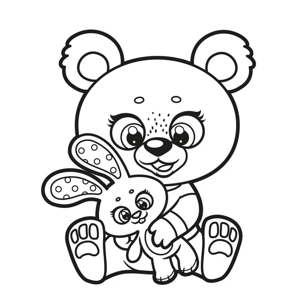 Cute Cartoon Teddy Bear Pajamas Holding Toy Rabbit Outline Drawing — Stock Vector