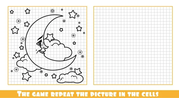 Cartoon Glimlachende Maan Met Wolken Sterren Geschetst Het Spel Herhaal — Stockvector