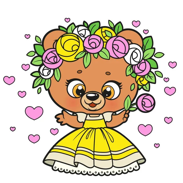 可爱的卡通人物泰迪熊 身穿黄色公主礼服 头戴玫瑰花环 色彩斑斓 背景为白色 — 图库矢量图片
