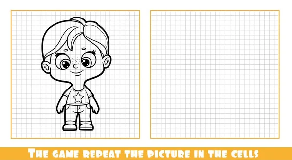 Roztomilý Kreslený Panenka Chlapec Džínách Hra Opakovat Obrázek Buňkách — Stockový vektor
