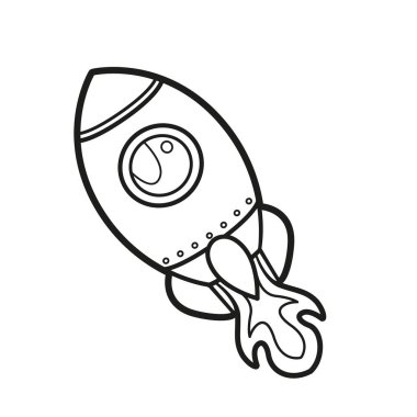 Beyaz arkaplanda renklendirme sayfası için uçuş roketi ana hatlarıyla belirlendi