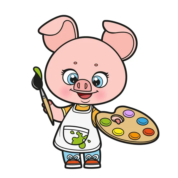 Leuke Tekenfilm Piggy Kunstenaar Een Schort Houdt Palet Borstel Kleur — Stockvector