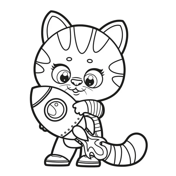 Cute Cartoon Kitten Holding Toy Rocket Outlined Coloring Page White — Stock Vector