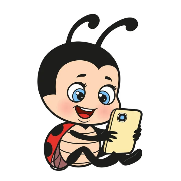 漫画かわいいてんとう虫で携帯電話で手の色のバリエーションのための着色ページ上の白い背景 — ストックベクタ