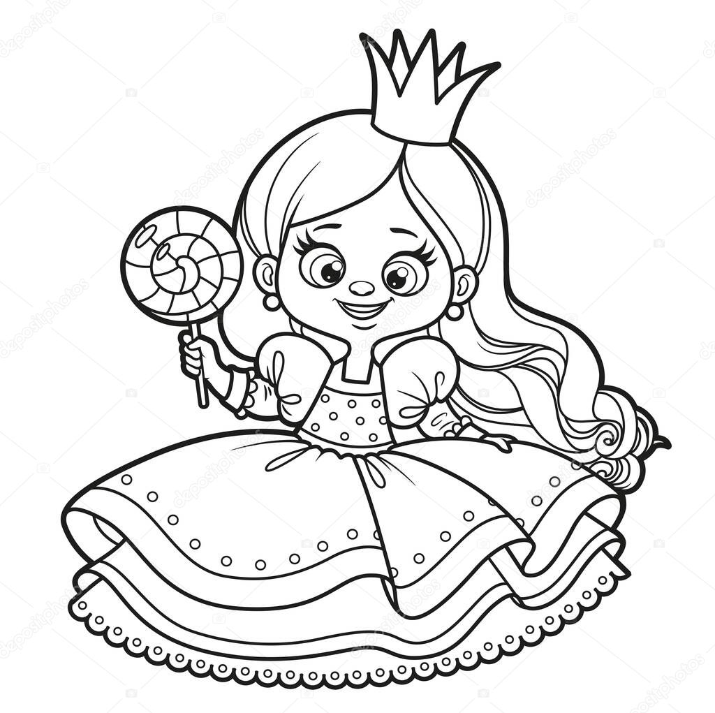 Cute cartoon princess with a big candy drawing for coloring on a white background