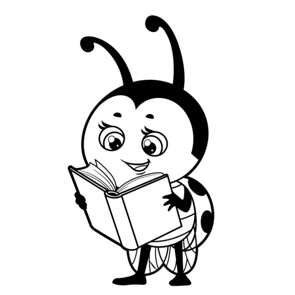 可爱的卡通片瓢虫读了一本关于白底涂色的书 — 图库矢量图片