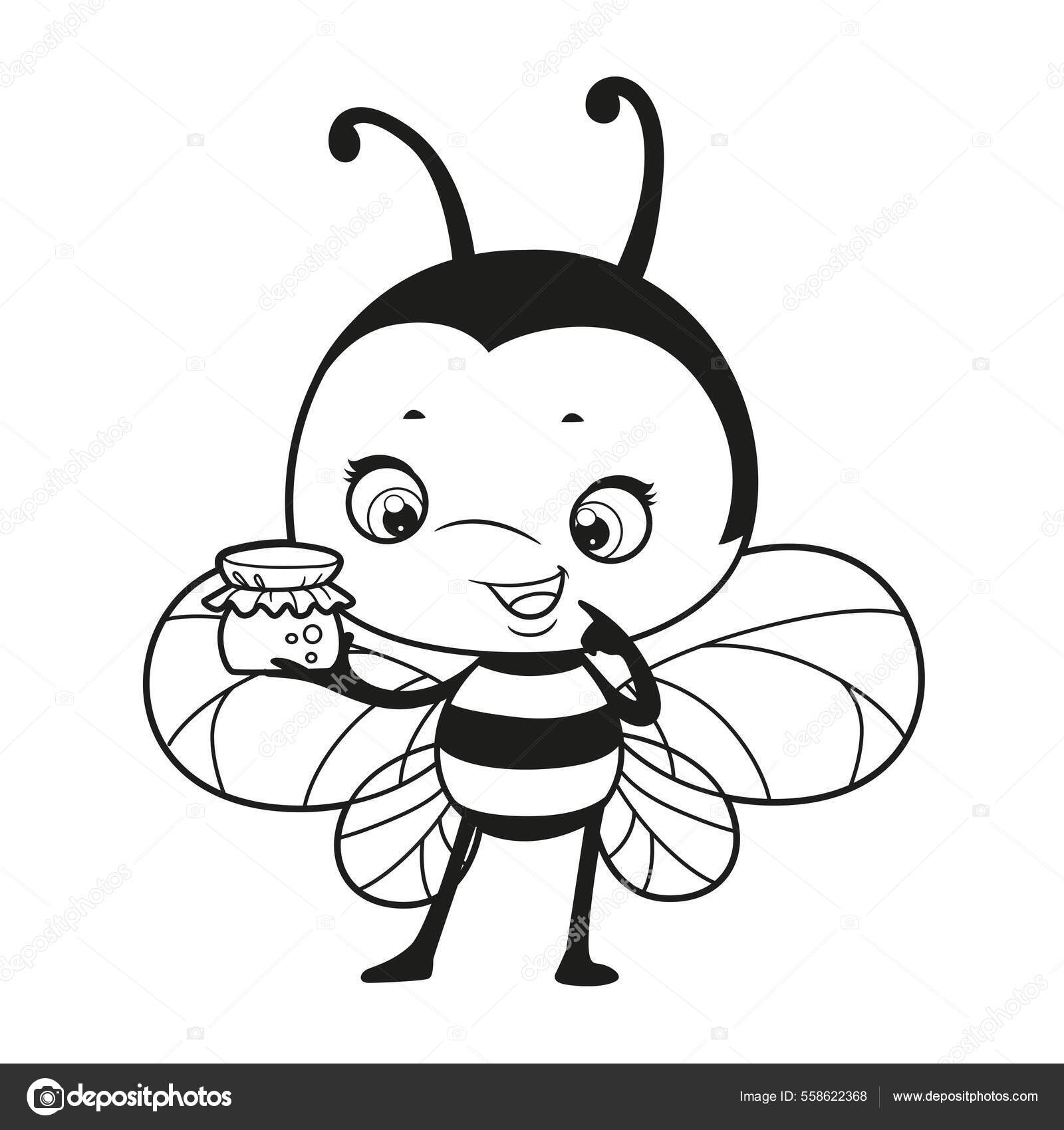 Мультфильм Милый Пчела Изучить Небольшую Банку Меда Очерчены.