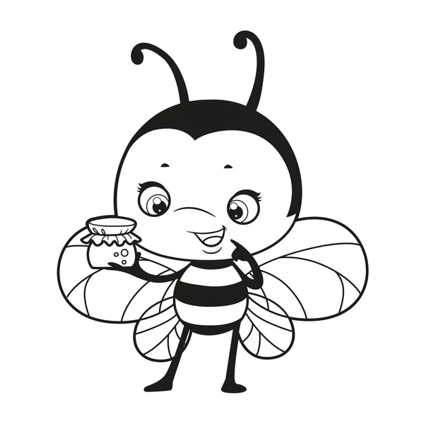 Cartoon Χαριτωμένο Μέλισσα Εξετάσει Ένα Μικρό Βάζο Μέλι Που Περιγράφεται — Διανυσματικό Αρχείο